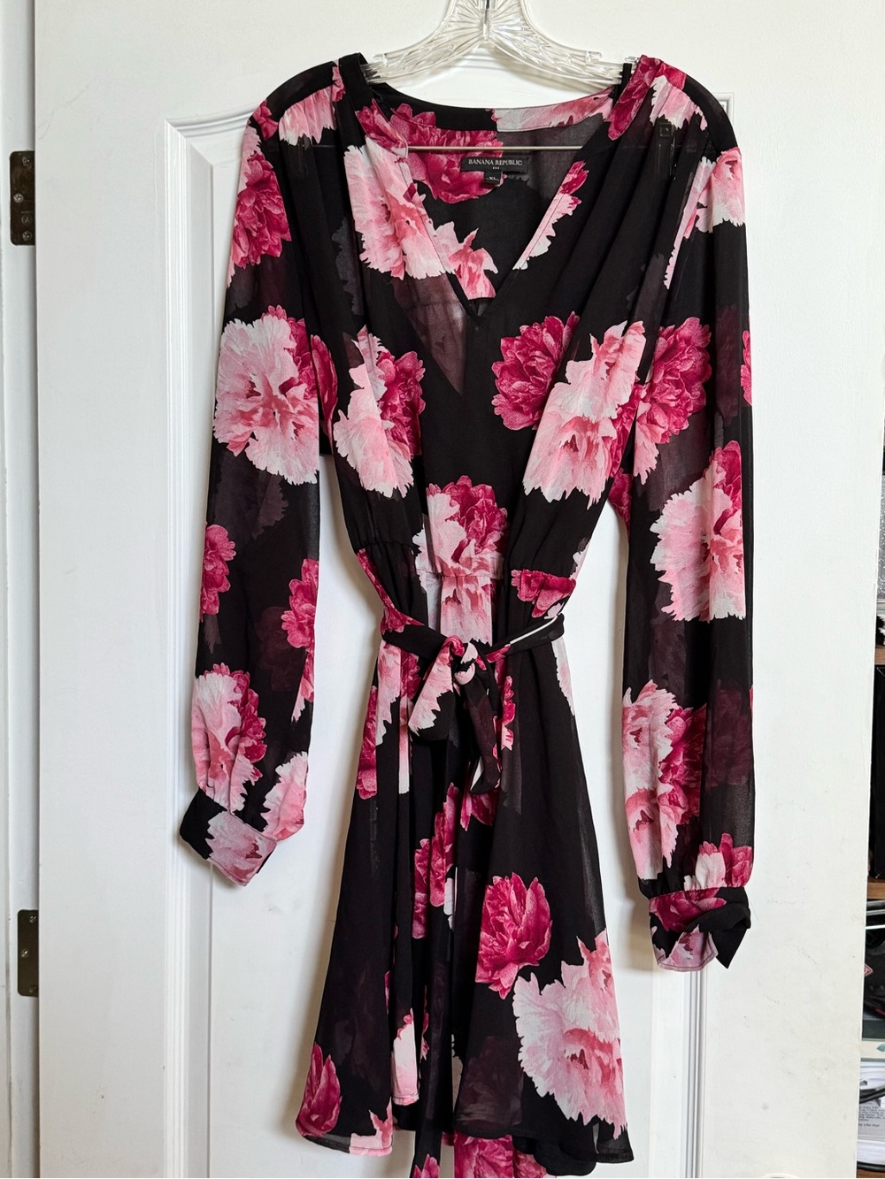 Banana Republic Black Dress with Pink Floral Print, Long Sleeve Wrap